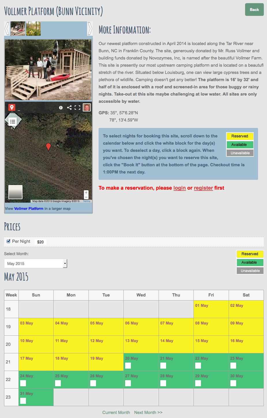 Tar Pamlico River Water Trail reservation system